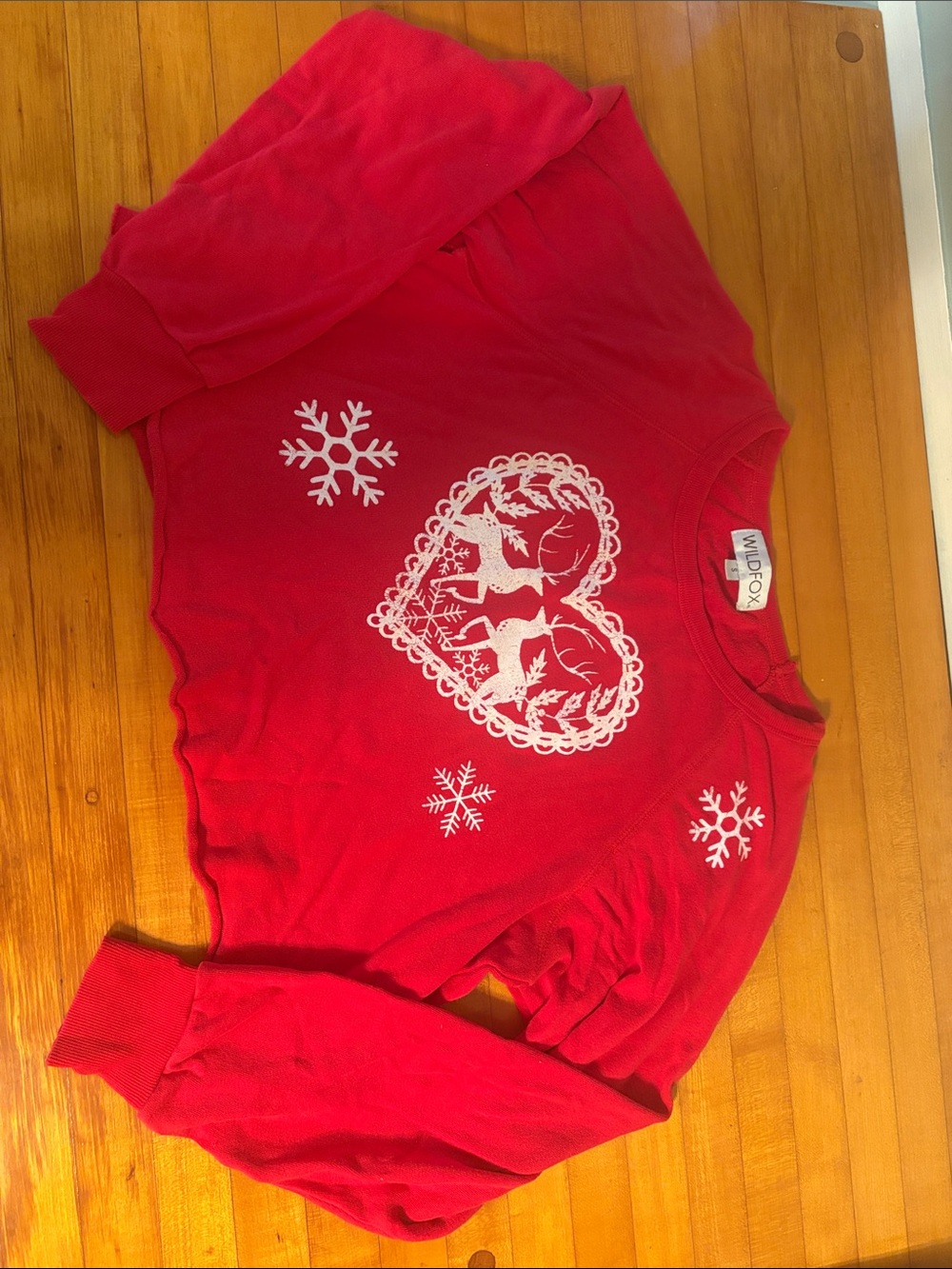 Wildfox Red Crewneck Sweatshirt with White Heart & Snowflakes